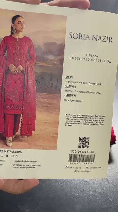 Sobia Nazir Red Premium Embroidered Dhanak 3-Piece Unstitched Suit