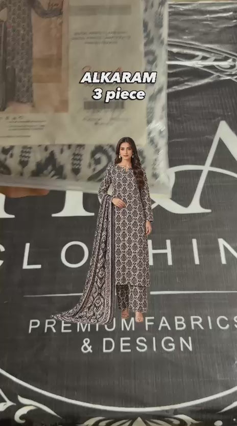 Alkaram Black & White Printed 3-Piece Unstitched Lawn Suit