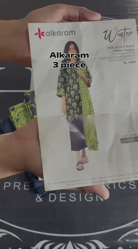 Alkaram black and lime khaddar 3-piece unstitched suit - product video