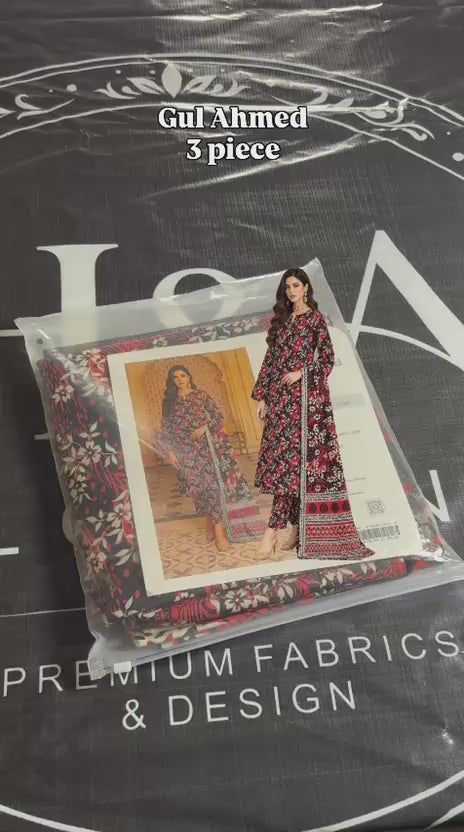 GulAhmed Black & Red Floral 3-Piece Unstitched Lawn Suit