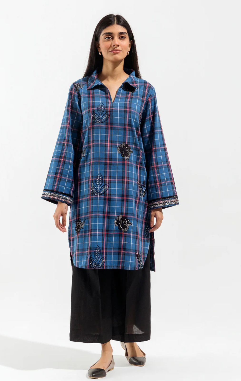 Beechtree Embroidered Unstitched Blue Checked Shirt – Winter Collection