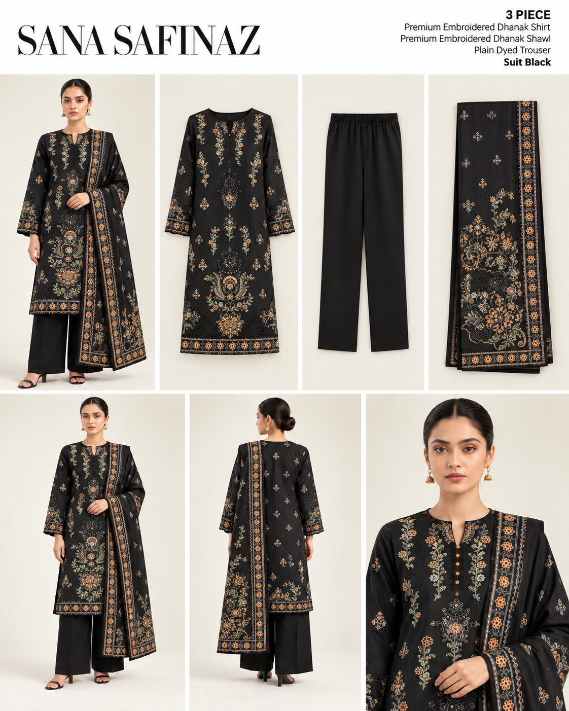 Sana Safinaz Black Premium Embroidered Dhanak 3-Piece Unstitched Suit - catalog view