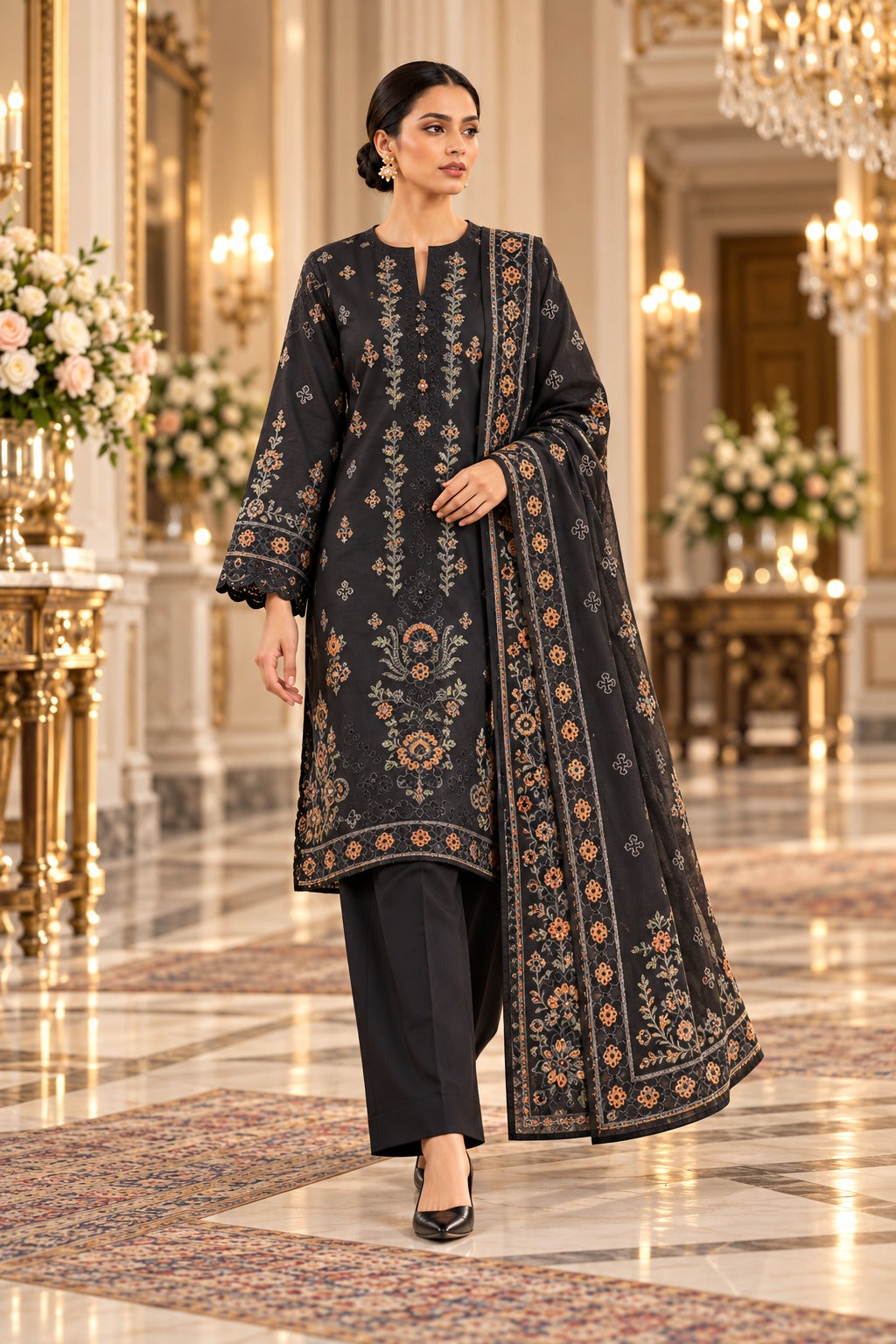 Sana Safinaz Black Premium Embroidered Dhanak 3-Piece Unstitched Suit - walking model