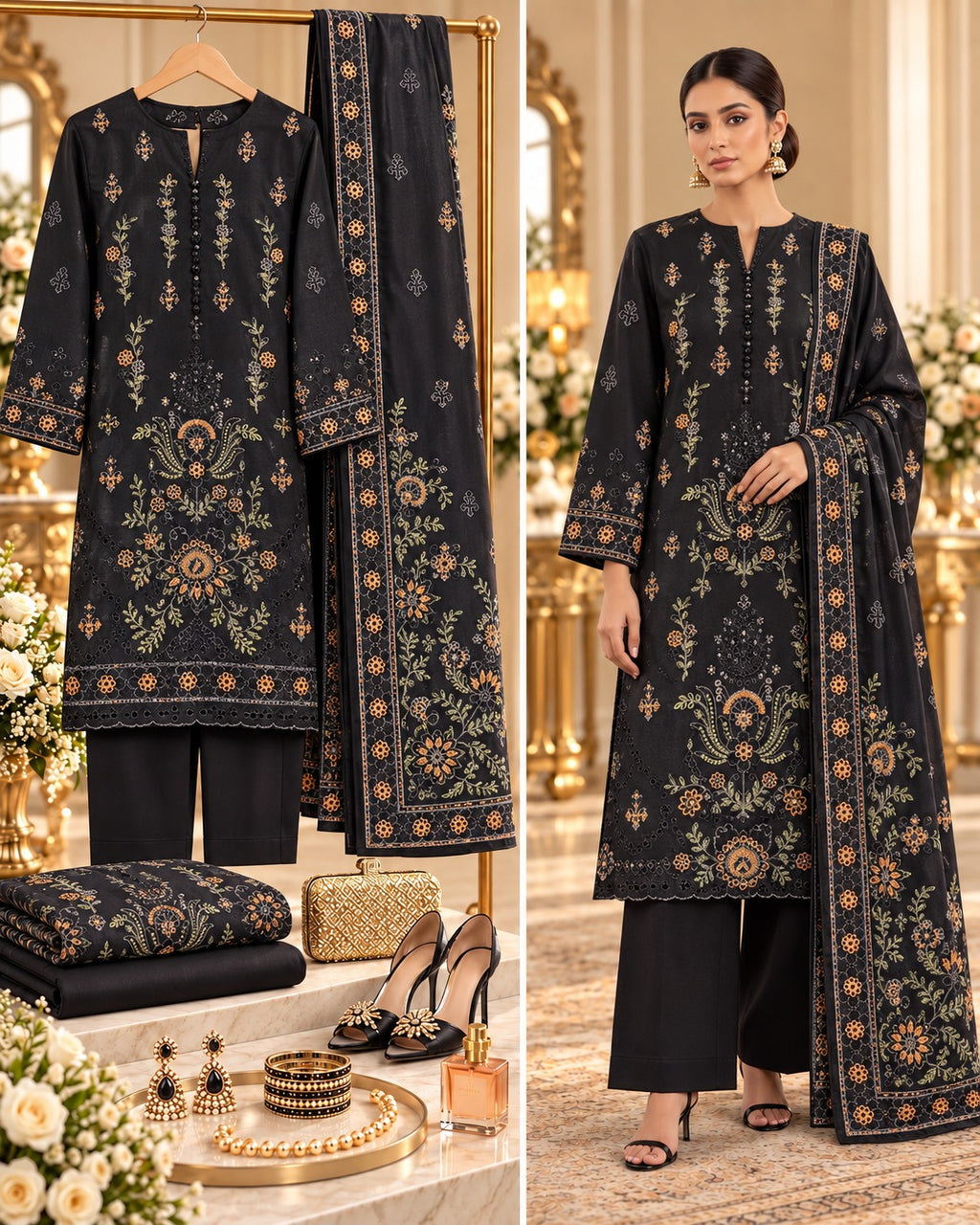 Sana Safinaz Black Premium Embroidered Dhanak 3-Piece Unstitched Suit - styled showcase