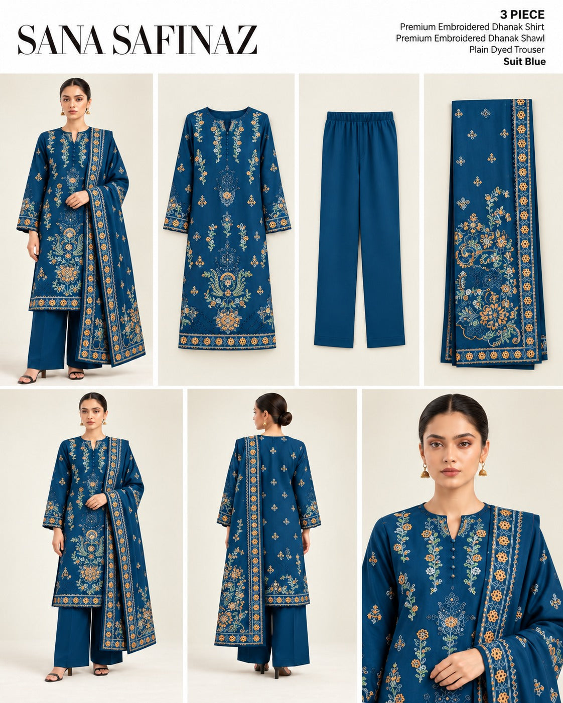Sana Safinaz Blue Premium Embroidered Dhanak 3-Piece Unstitched Suit - catalog view