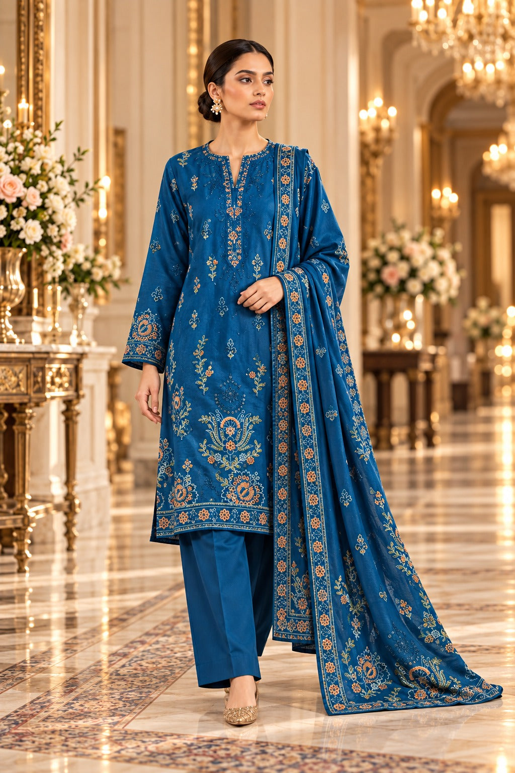 Sana Safinaz Blue Premium Embroidered Dhanak 3-Piece Unstitched Suit - walking model