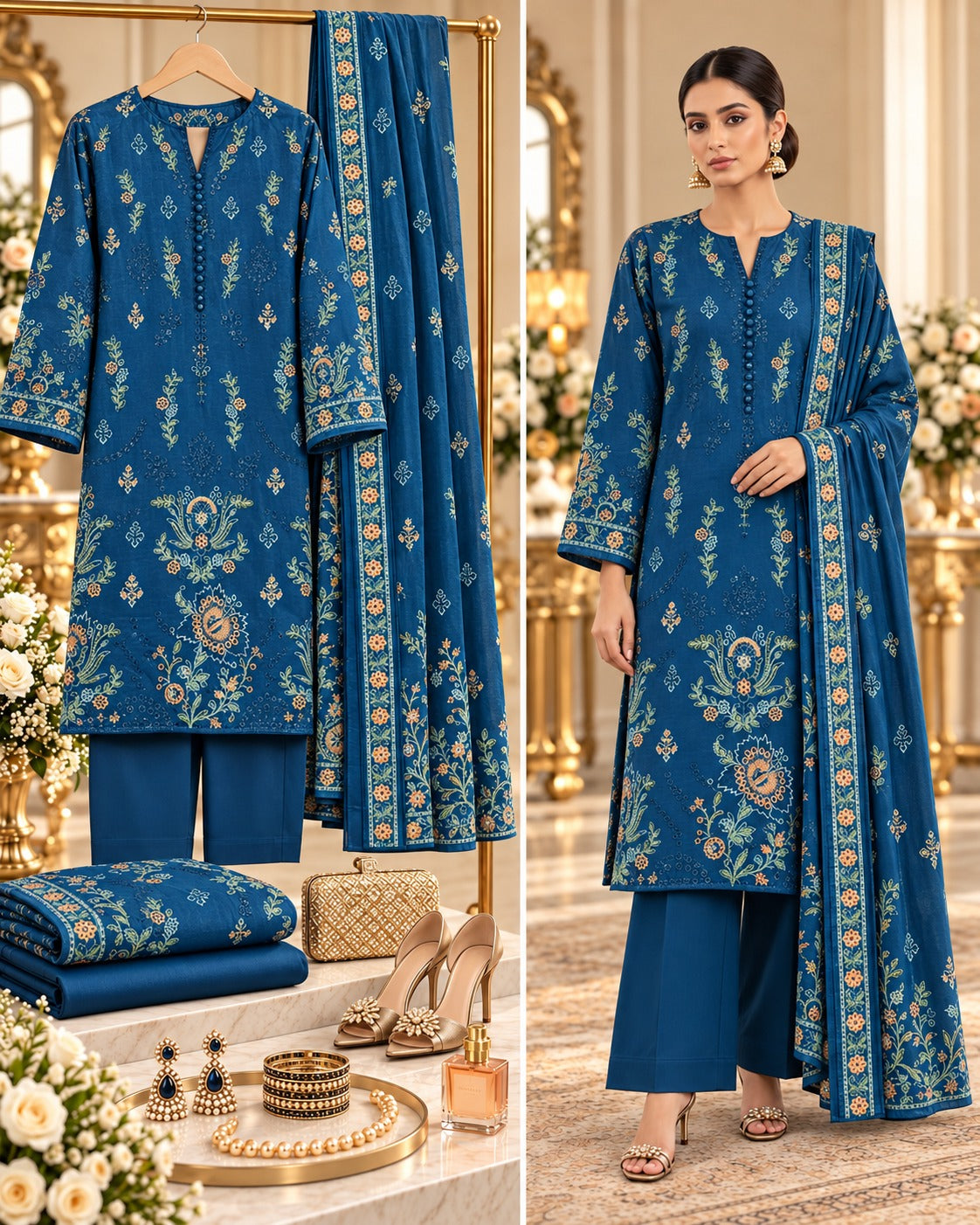 Sana Safinaz Blue Premium Embroidered Dhanak 3-Piece Unstitched Suit - styled showcase