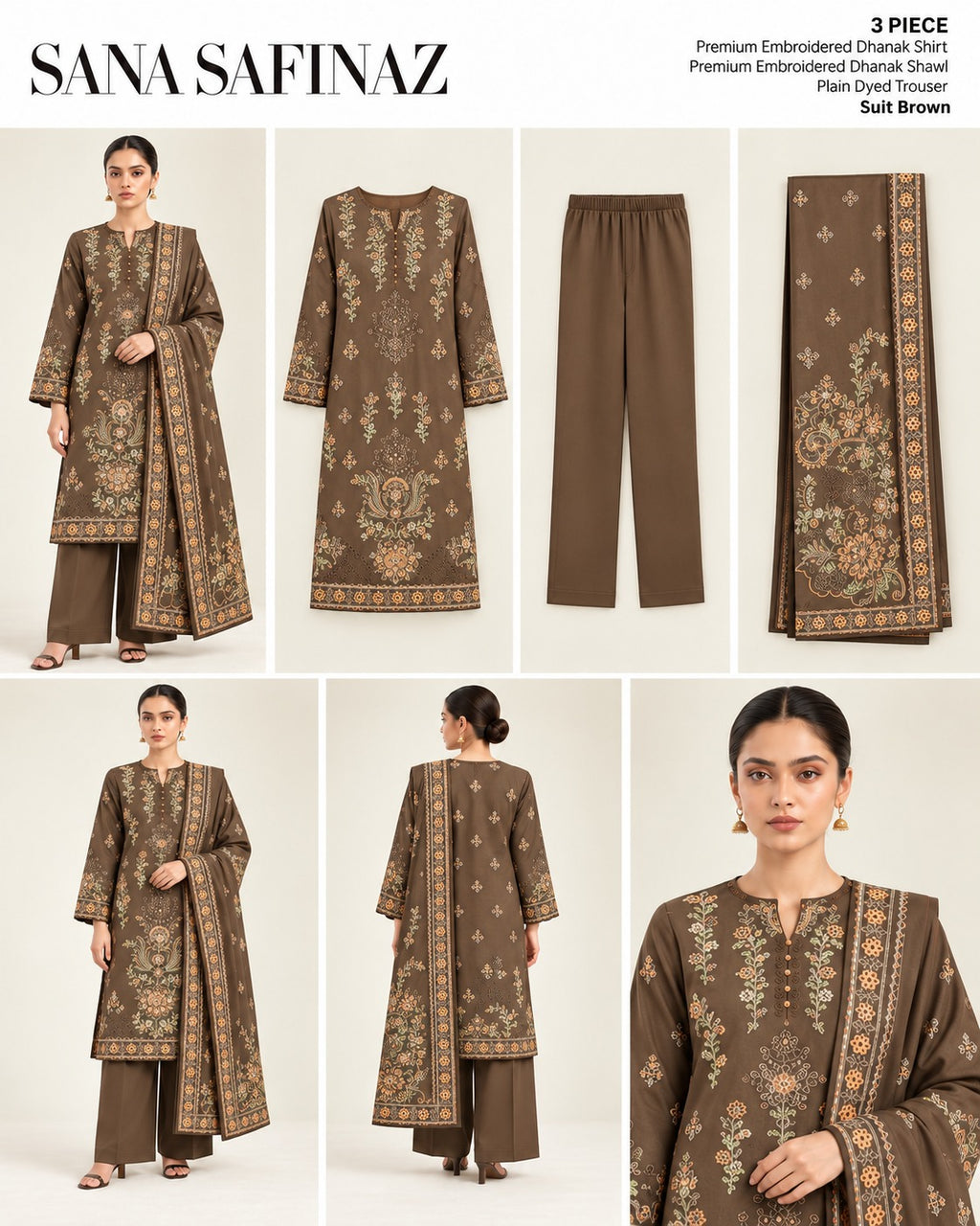 Sana Safinaz Brown Premium Embroidered Dhanak 3-Piece Unstitched Suit - catalog view
