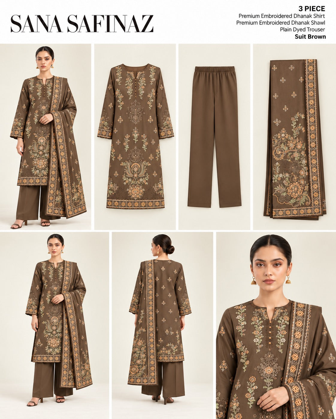 Sana Safinaz Brown Premium Embroidered Dhanak 3-Piece Unstitched Suit - catalog view