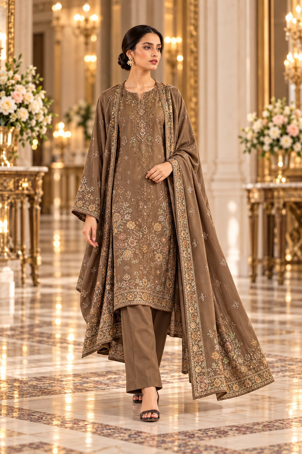 Sana Safinaz Brown Premium Embroidered Dhanak 3-Piece Unstitched Suit - walking model
