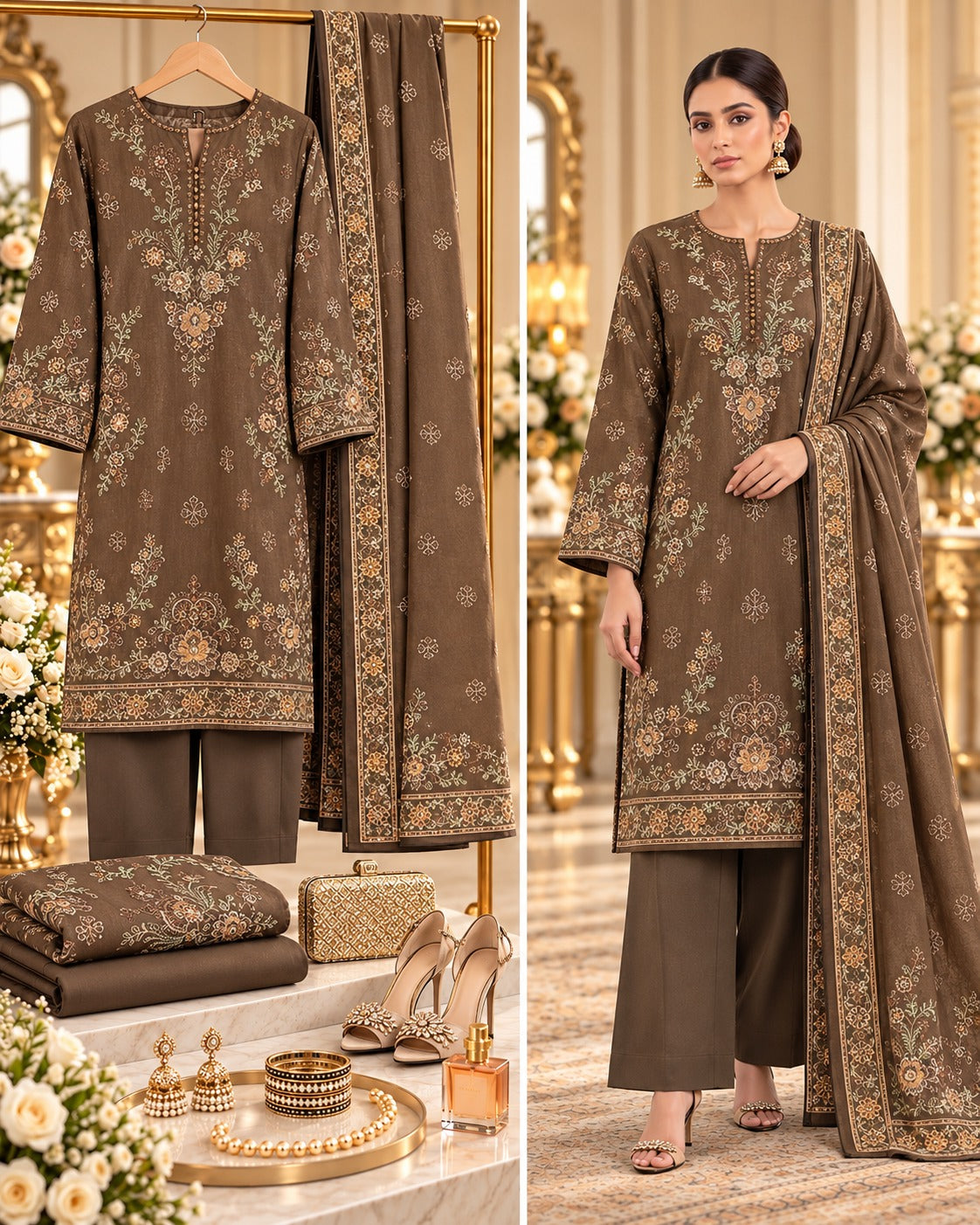 Sana Safinaz Brown Premium Embroidered Dhanak 3-Piece Unstitched Suit - styled showcase