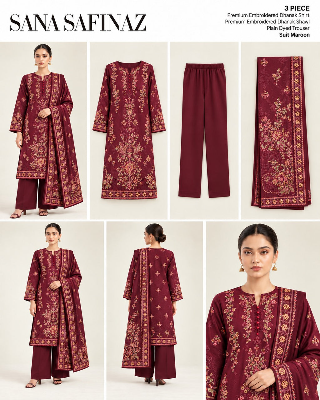 Sana Safinaz Maroon Premium Embroidered Dhanak 3-Piece Unstitched Suit - catalog view