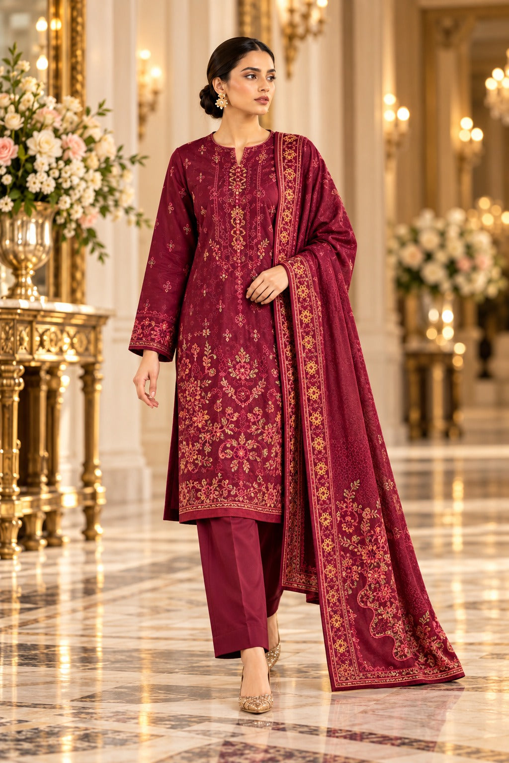 Sana Safinaz Maroon Premium Embroidered Dhanak 3-Piece Unstitched Suit - walking model