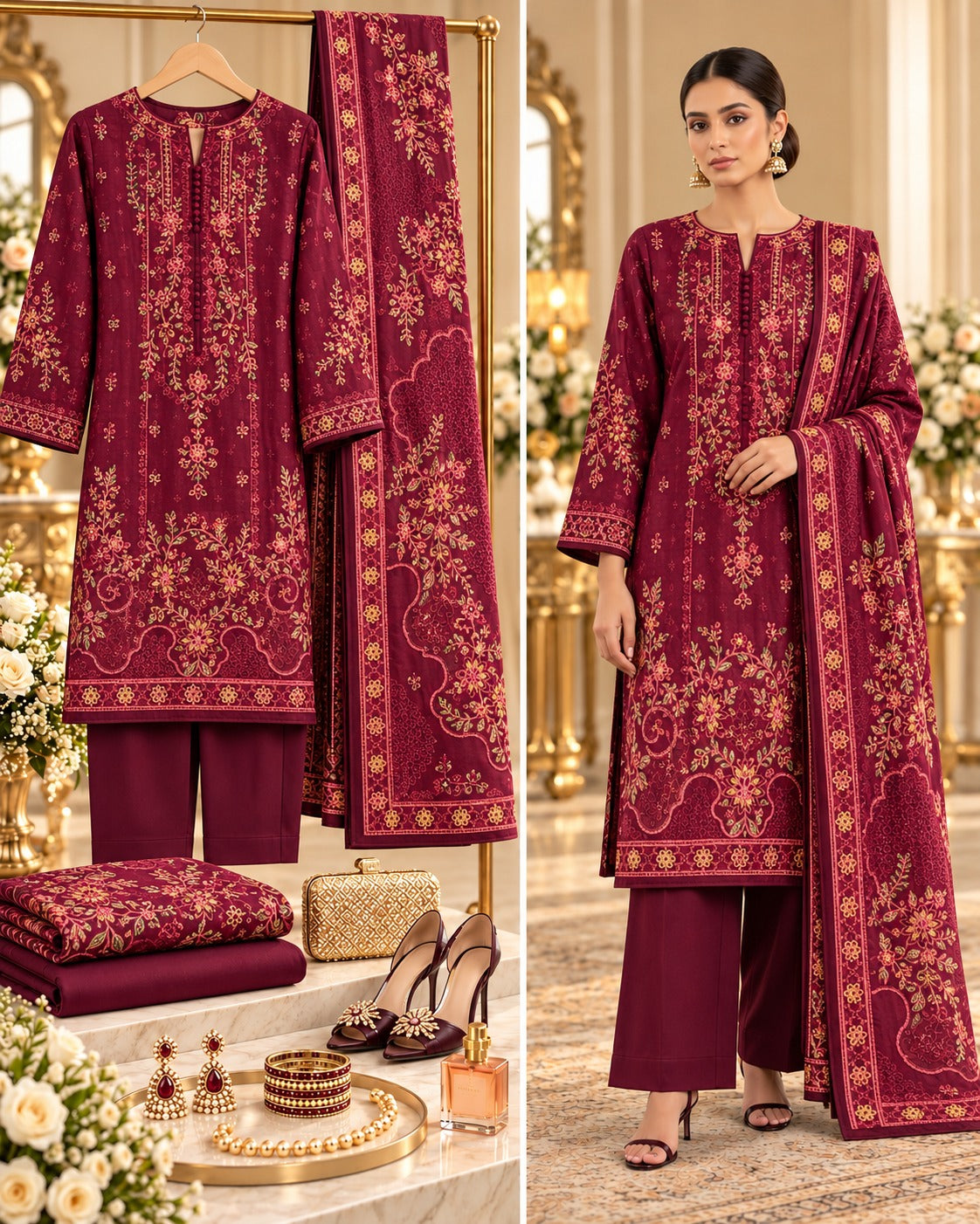 Sana Safinaz Maroon Premium Embroidered Dhanak 3-Piece Unstitched Suit - styled showcase