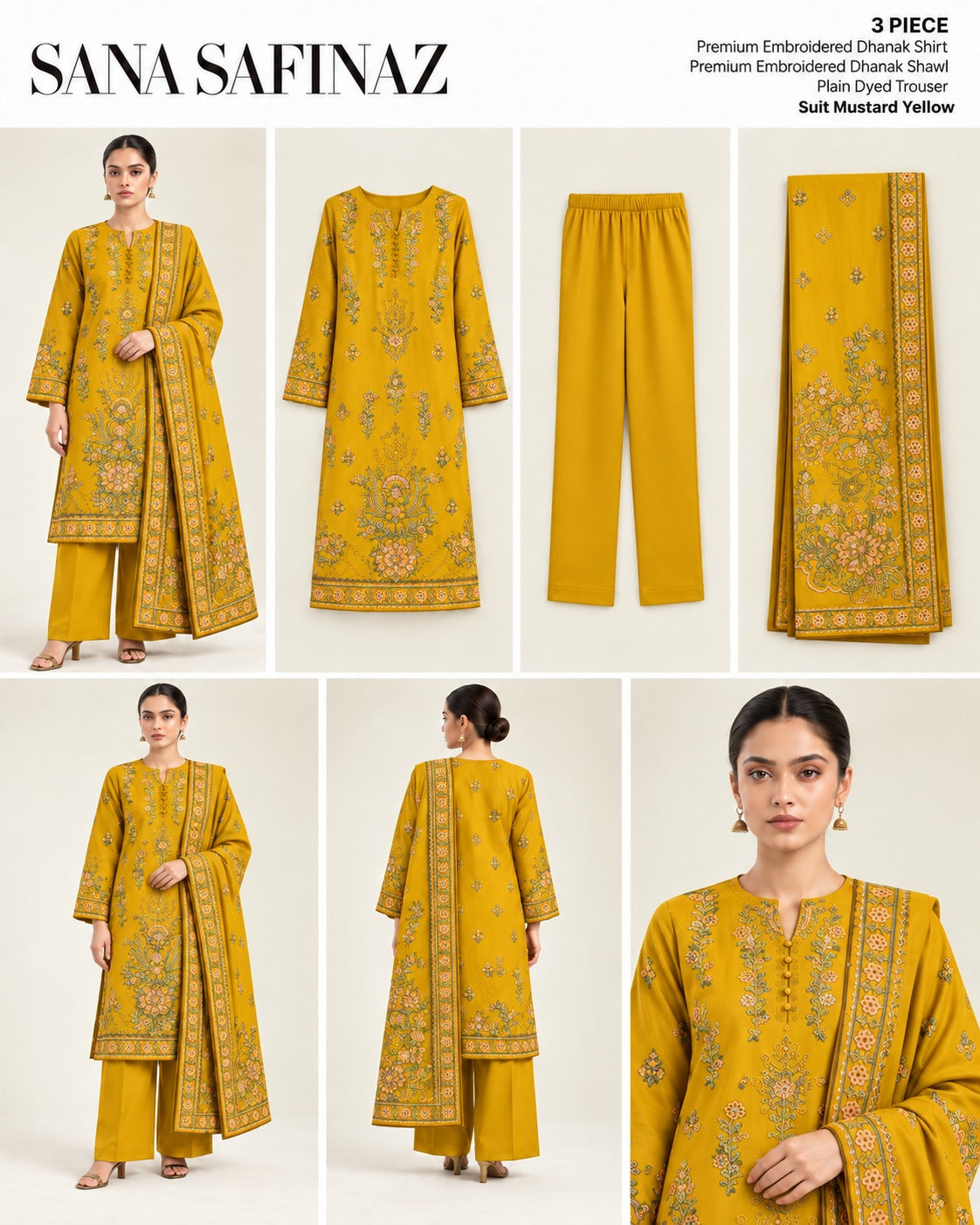 Sana Safinaz Mustard Yellow Premium Embroidered Dhanak 3-Piece Unstitched Suit - catalog view