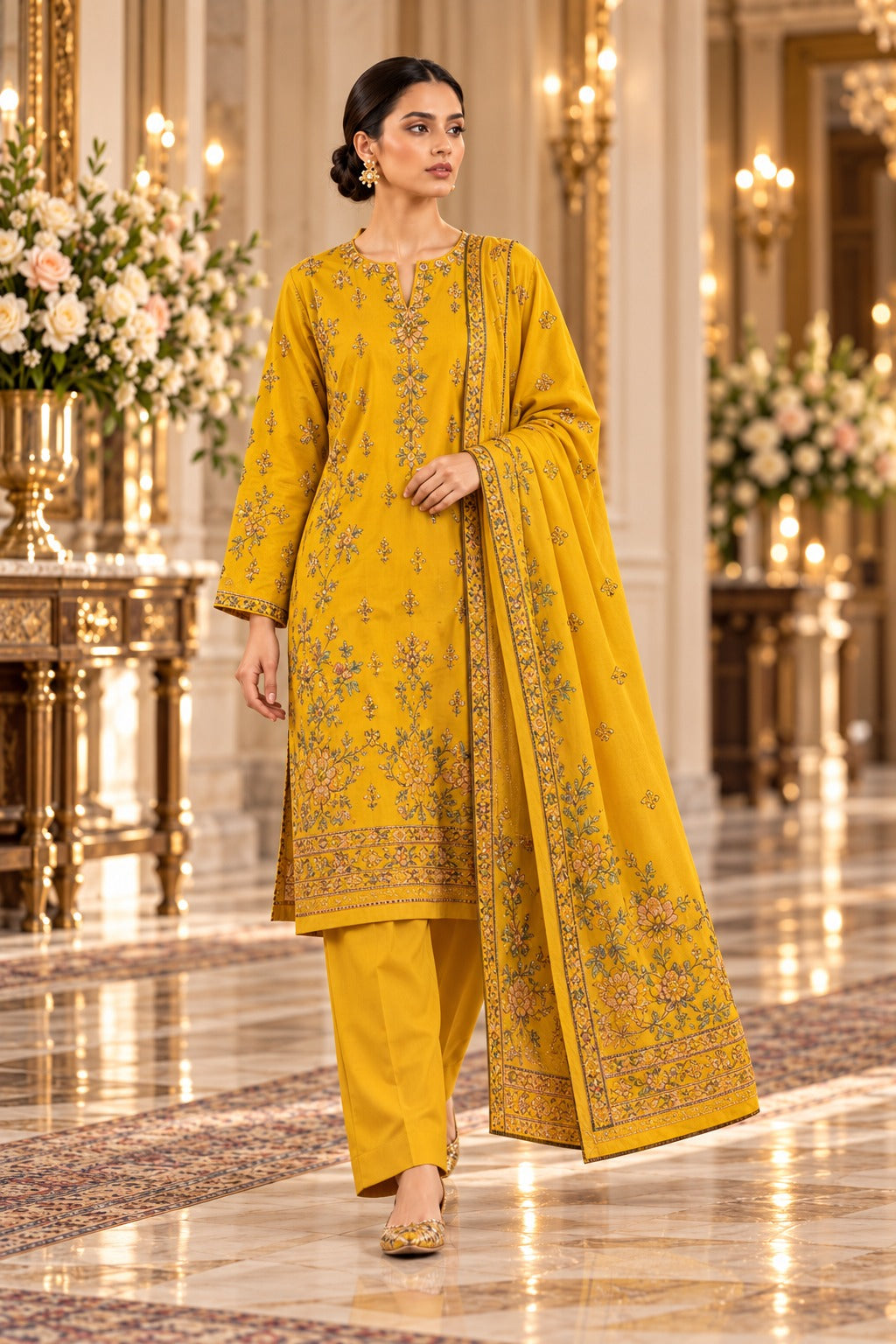 Sana Safinaz Mustard Yellow Premium Embroidered Dhanak 3-Piece Unstitched Suit - walking model