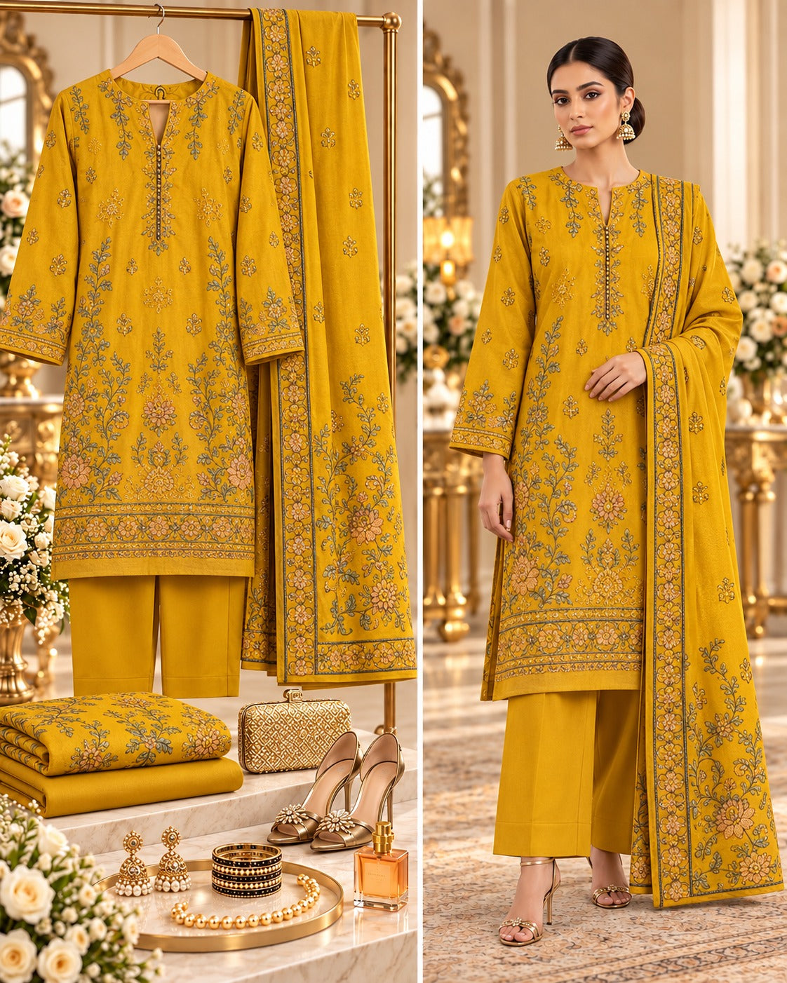 Sana Safinaz Mustard Yellow Premium Embroidered Dhanak 3-Piece Unstitched Suit - styled showcase