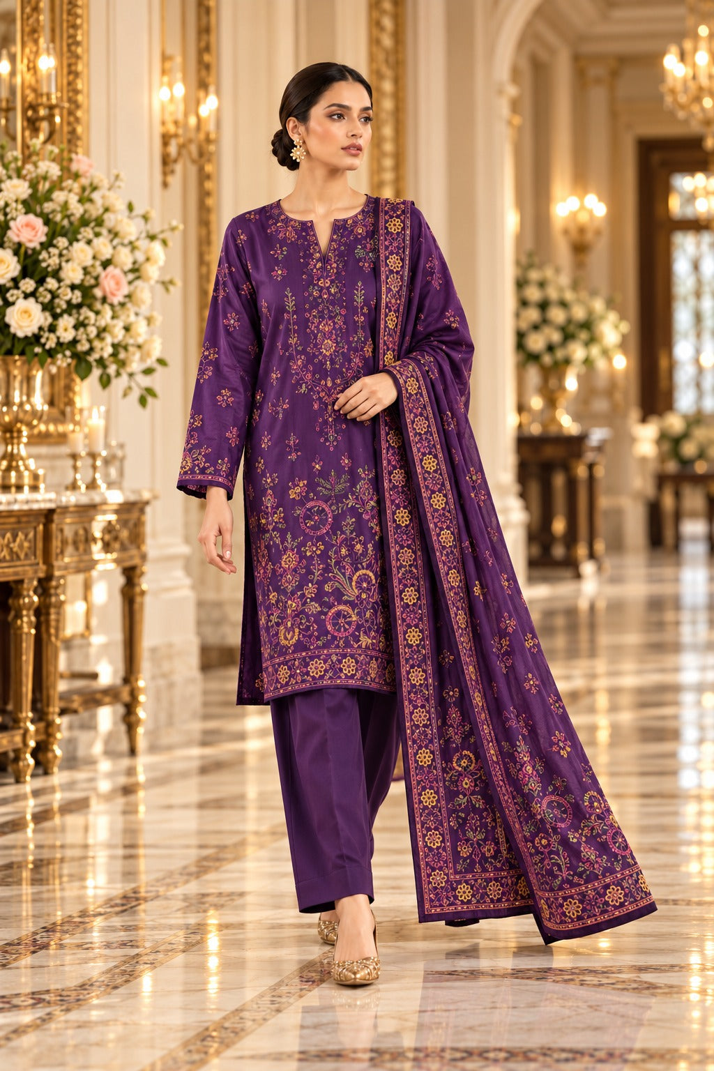 Sana Safinaz Purple Premium Embroidered Dhanak 3-Piece Unstitched Suit - walking model