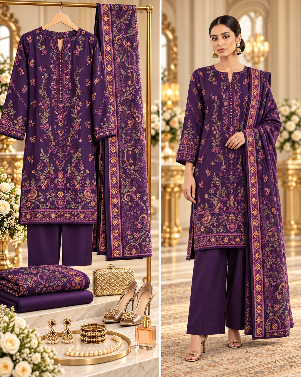 Sana Safinaz Purple Premium Embroidered Dhanak 3-Piece Unstitched Suit - styled showcase