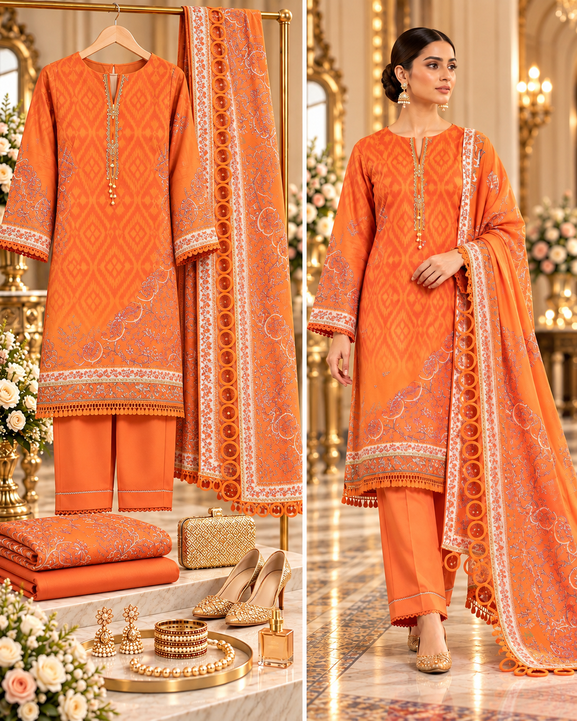 SAYA 3-piece printed linen suit article 42404931 full suit and model view
