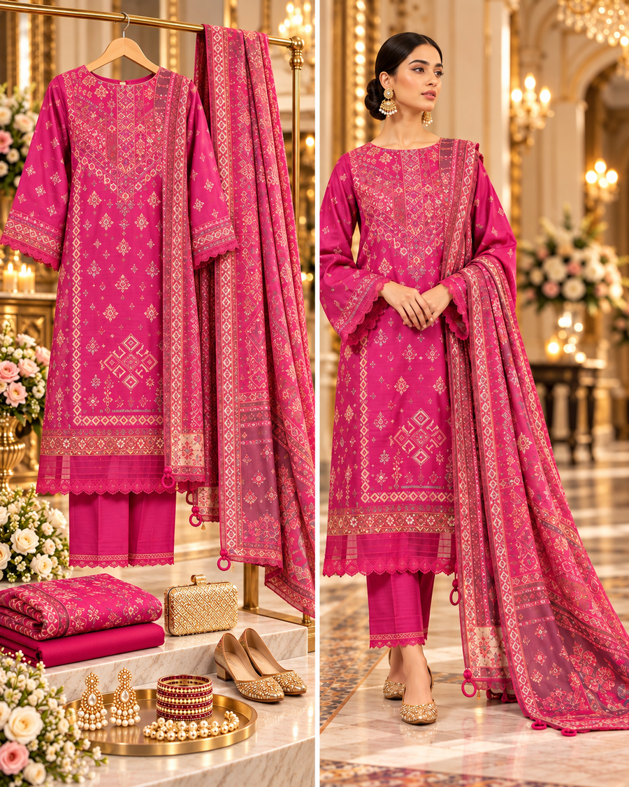 SAYA 3-piece printed linen suit article 42404932 full suit and model view