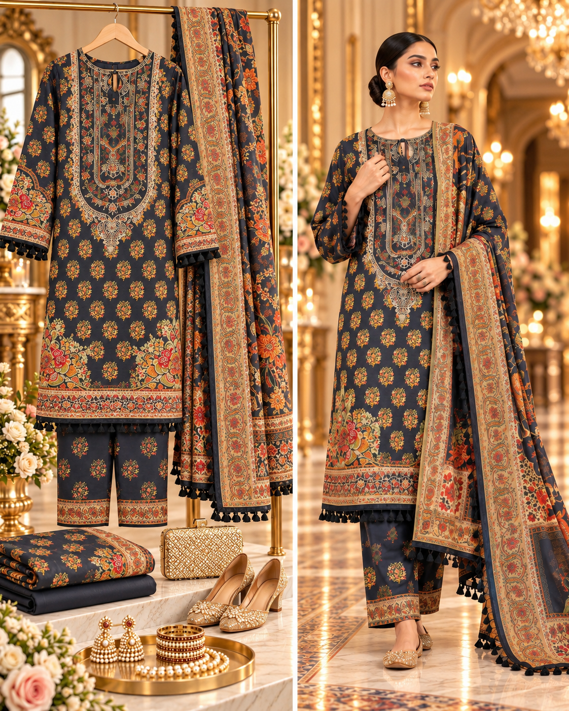 SAYA 3-piece printed linen suit article 42404935 full suit and model view