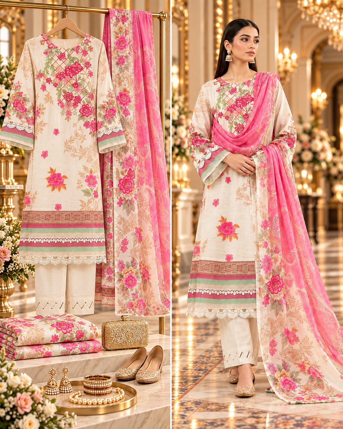 SAYA 3-piece printed linen suit article 42405042 full suit and model view