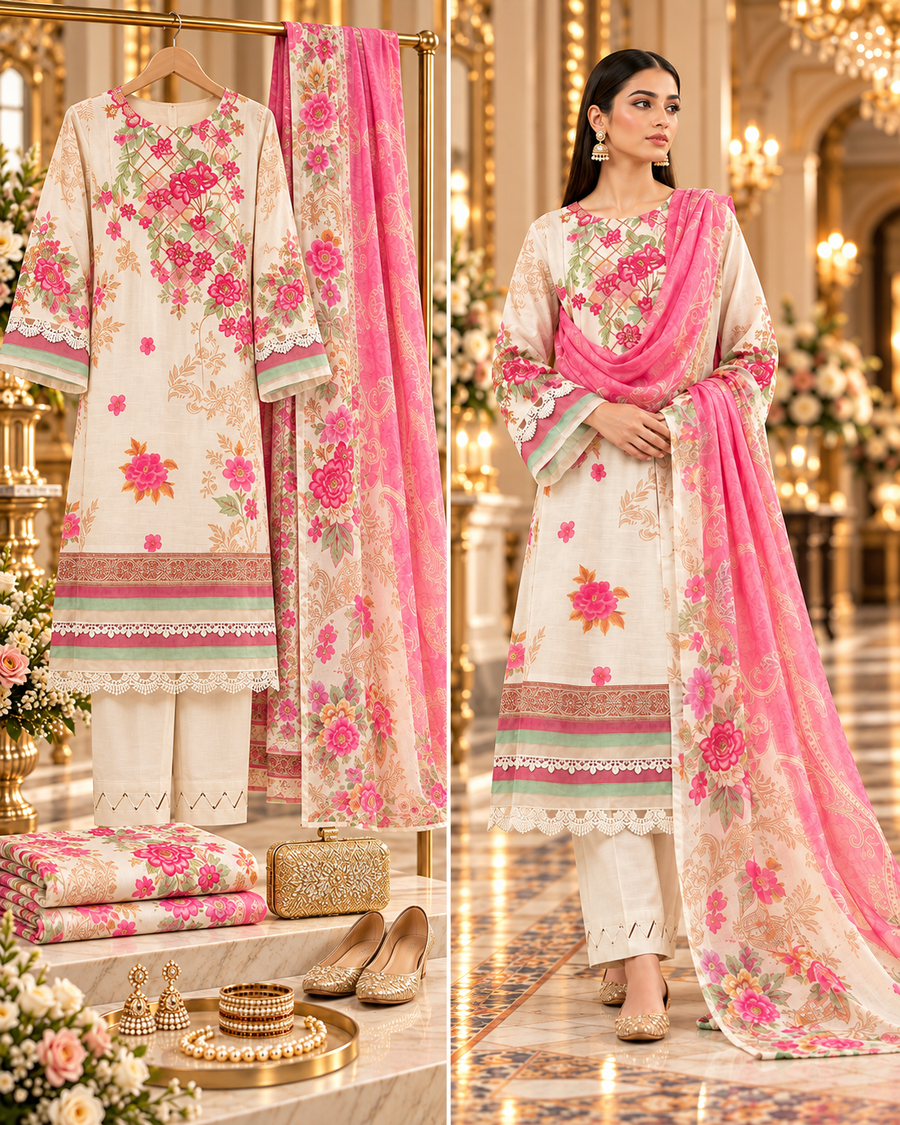SAYA 3-piece printed linen suit article 42405042 full suit and model view