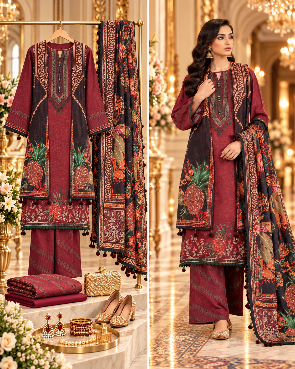 SAYA 3-piece printed linen suit article 42405050 full suit and model view