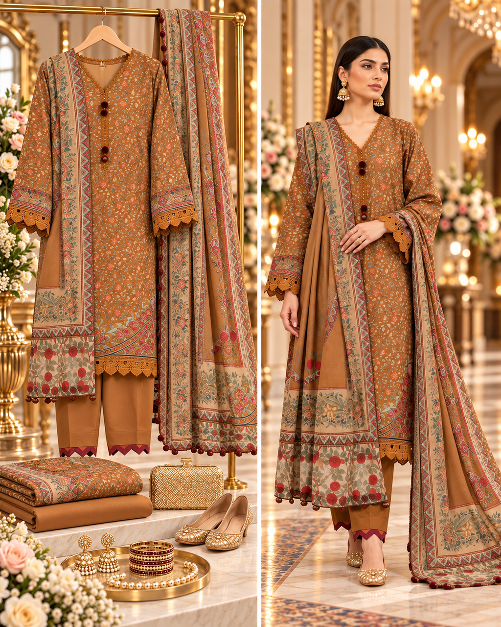SAYA 3-piece printed linen suit article 42405051 full suit and model view