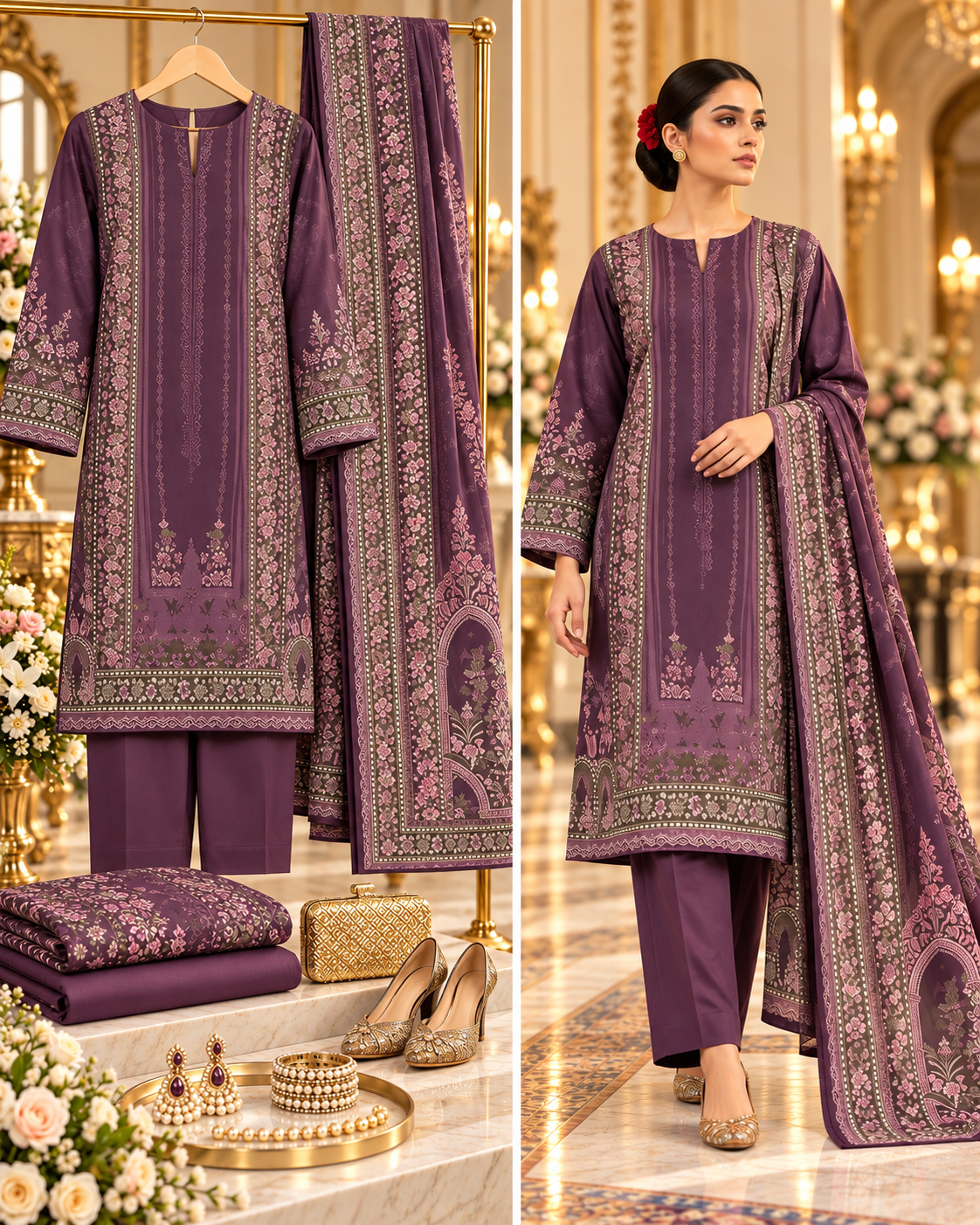 SAYA 3-piece printed linen suit article 42503149 full suit and model view