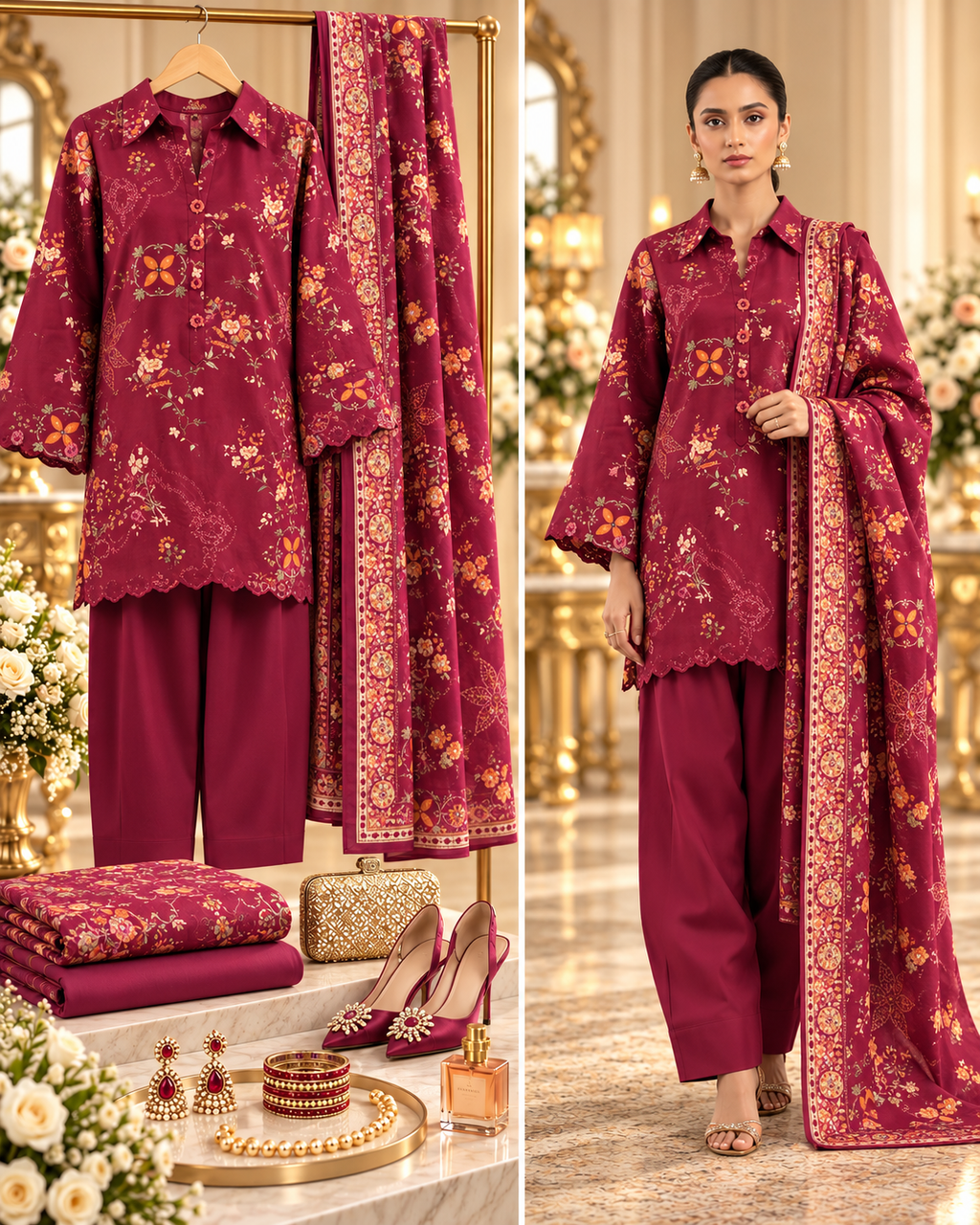 SAYA Maroon Printed Khaddar 3-Piece Unstitched Suit | U04-26277-P02A - styled showcase