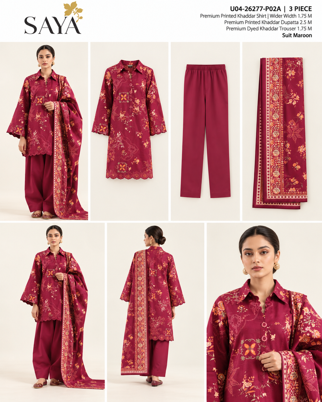 SAYA Maroon Printed Khaddar 3-Piece Unstitched Suit | U04-26277-P02A - product lookbook