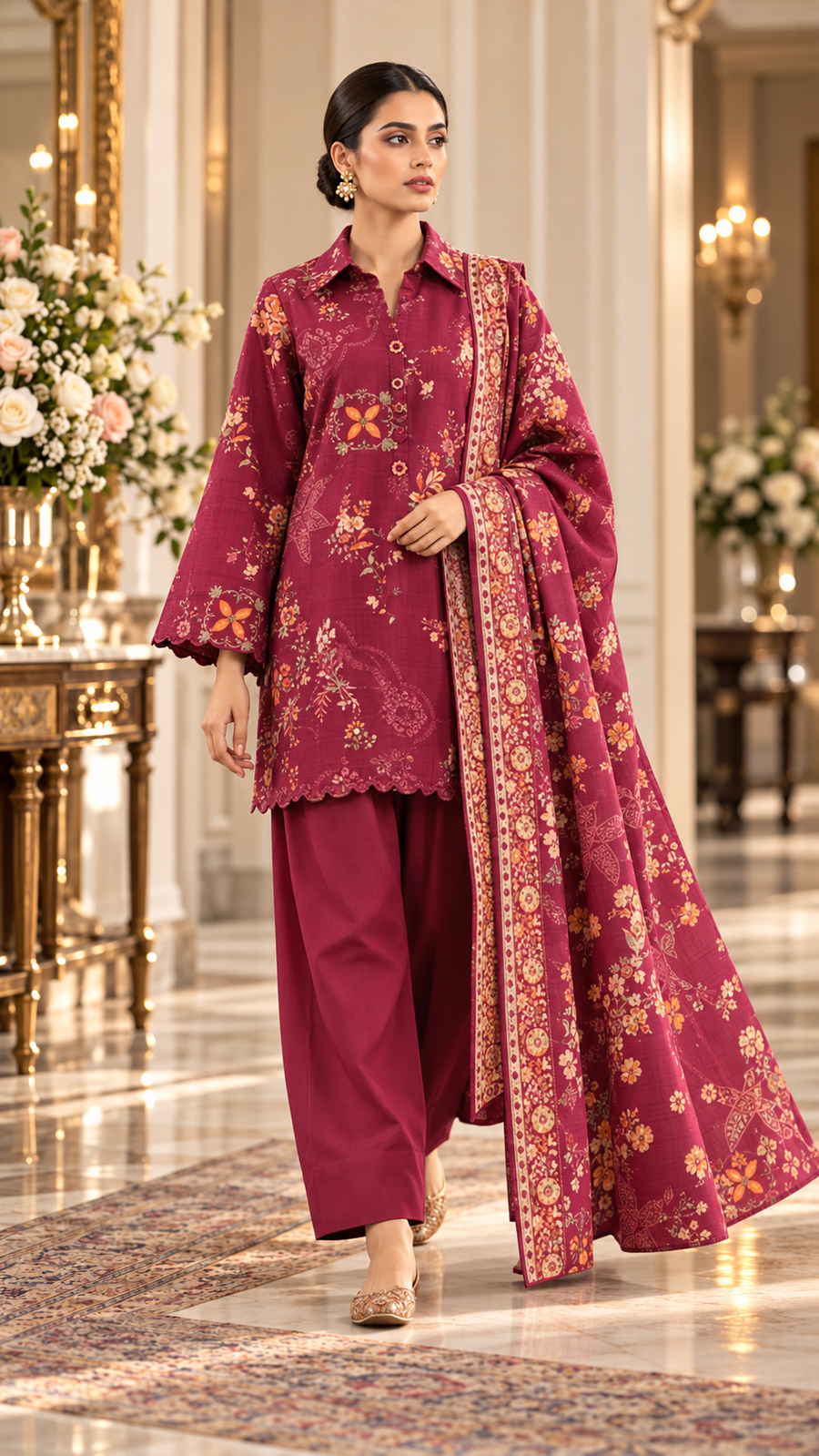 SAYA Maroon Printed Khaddar 3-Piece Unstitched Suit | U04-26277-P02A - model view
