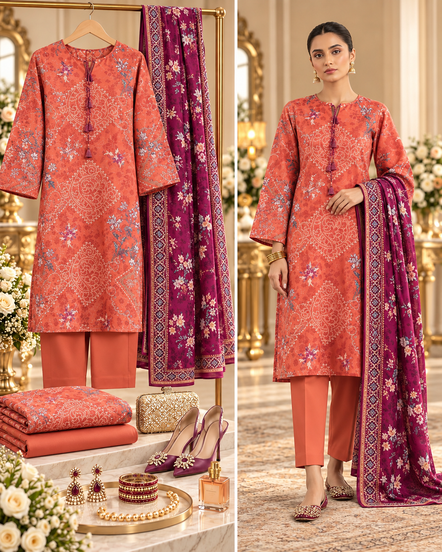 SAYA Orange Printed Khaddar 3-Piece Unstitched Suit | U04-26277-P04A - styled showcase