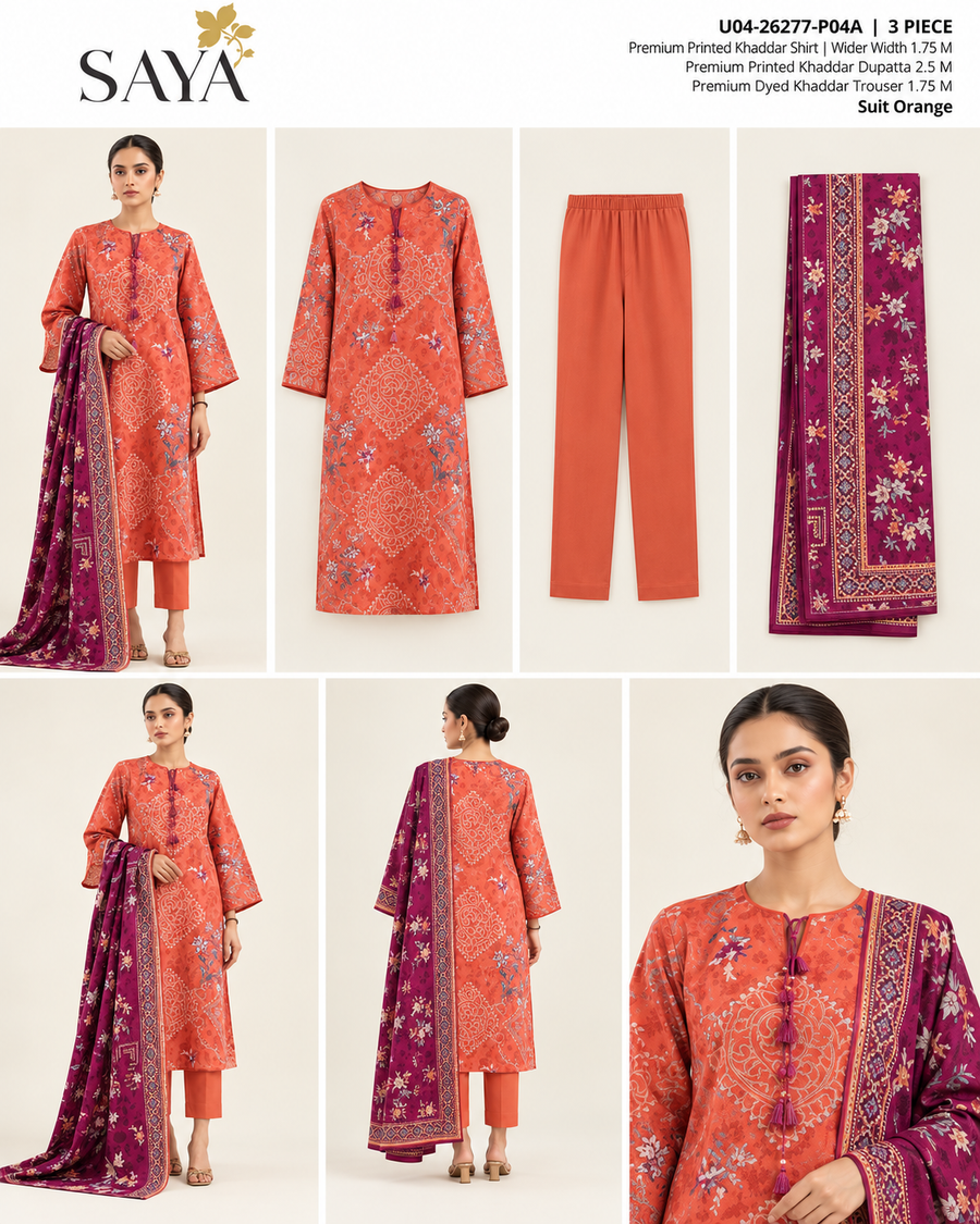 SAYA Orange Printed Khaddar 3-Piece Unstitched Suit | U04-26277-P04A - product lookbook