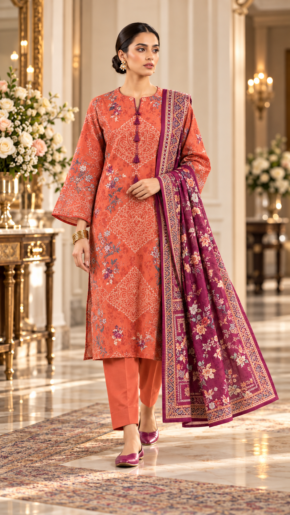 SAYA Orange Printed Khaddar 3-Piece Unstitched Suit | U04-26277-P04A - model view