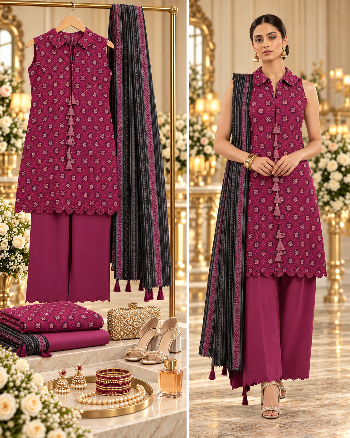 SAYA Plum Printed Khaddar 3-Piece Unstitched Suit | U04-26278-P01A - styled showcase