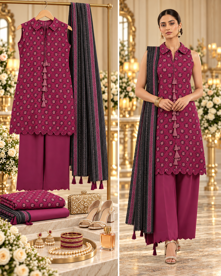 SAYA Plum Printed Khaddar 3-Piece Unstitched Suit | U04-26278-P01A - styled showcase