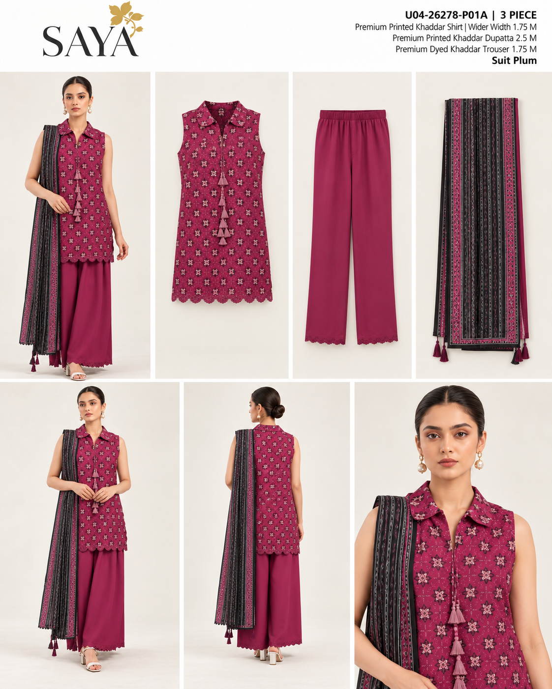 SAYA Plum Printed Khaddar 3-Piece Unstitched Suit | U04-26278-P01A - product lookbook