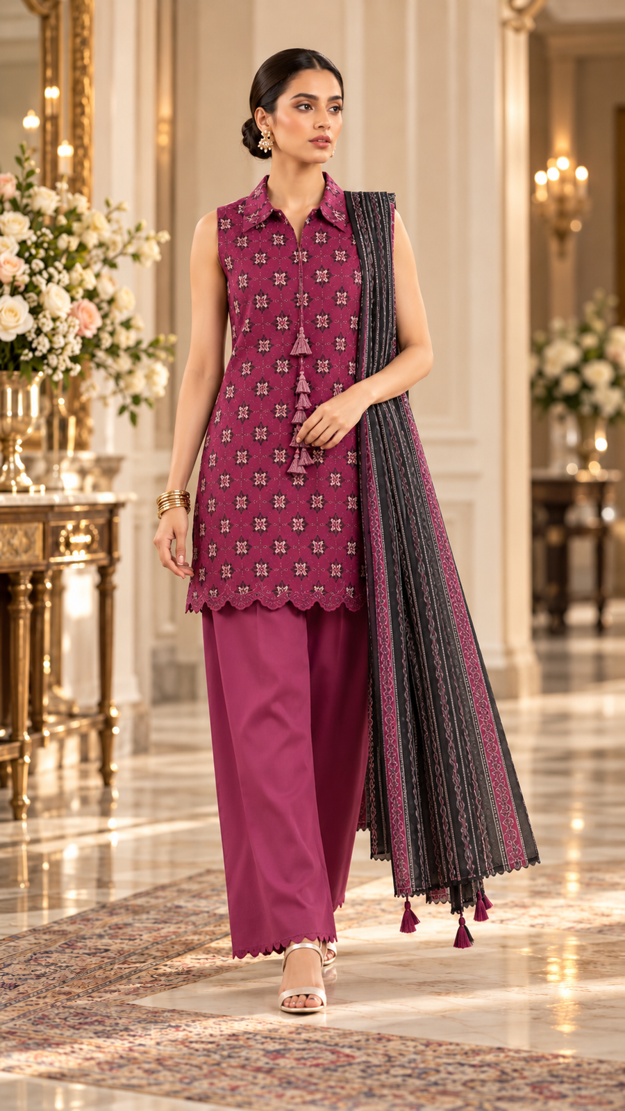 SAYA Plum Printed Khaddar 3-Piece Unstitched Suit | U04-26278-P01A - model view