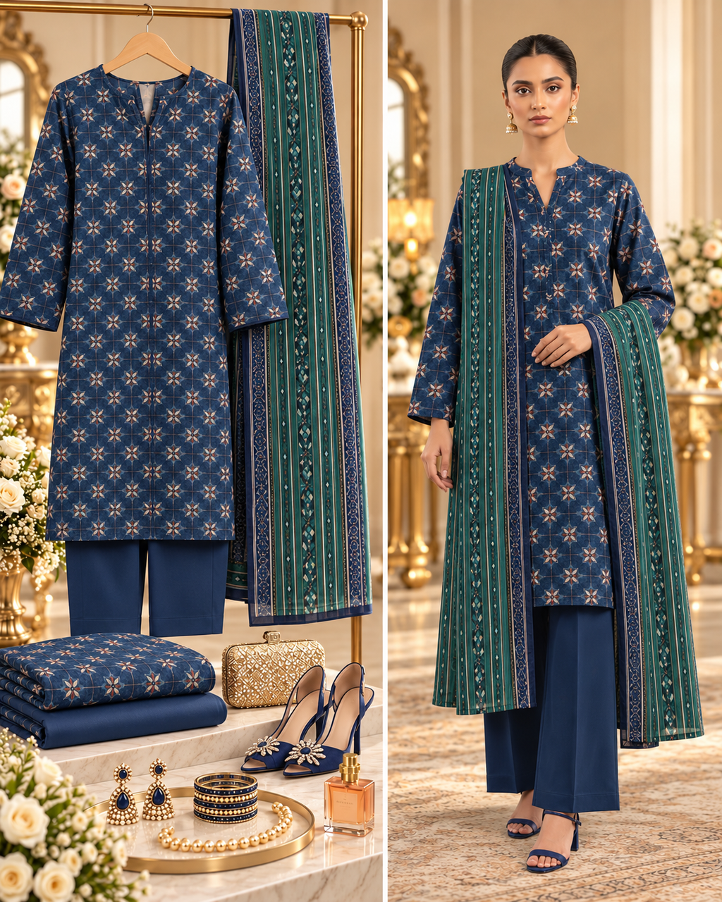 SAYA Blue Printed Khaddar 3-Piece Unstitched Suit | U04-26278-P01B - styled showcase