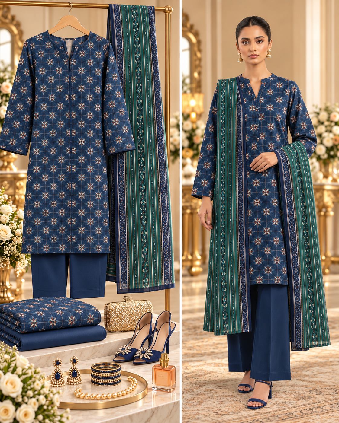 SAYA Blue Printed Khaddar 3-Piece Unstitched Suit | U04-26278-P01B - styled showcase