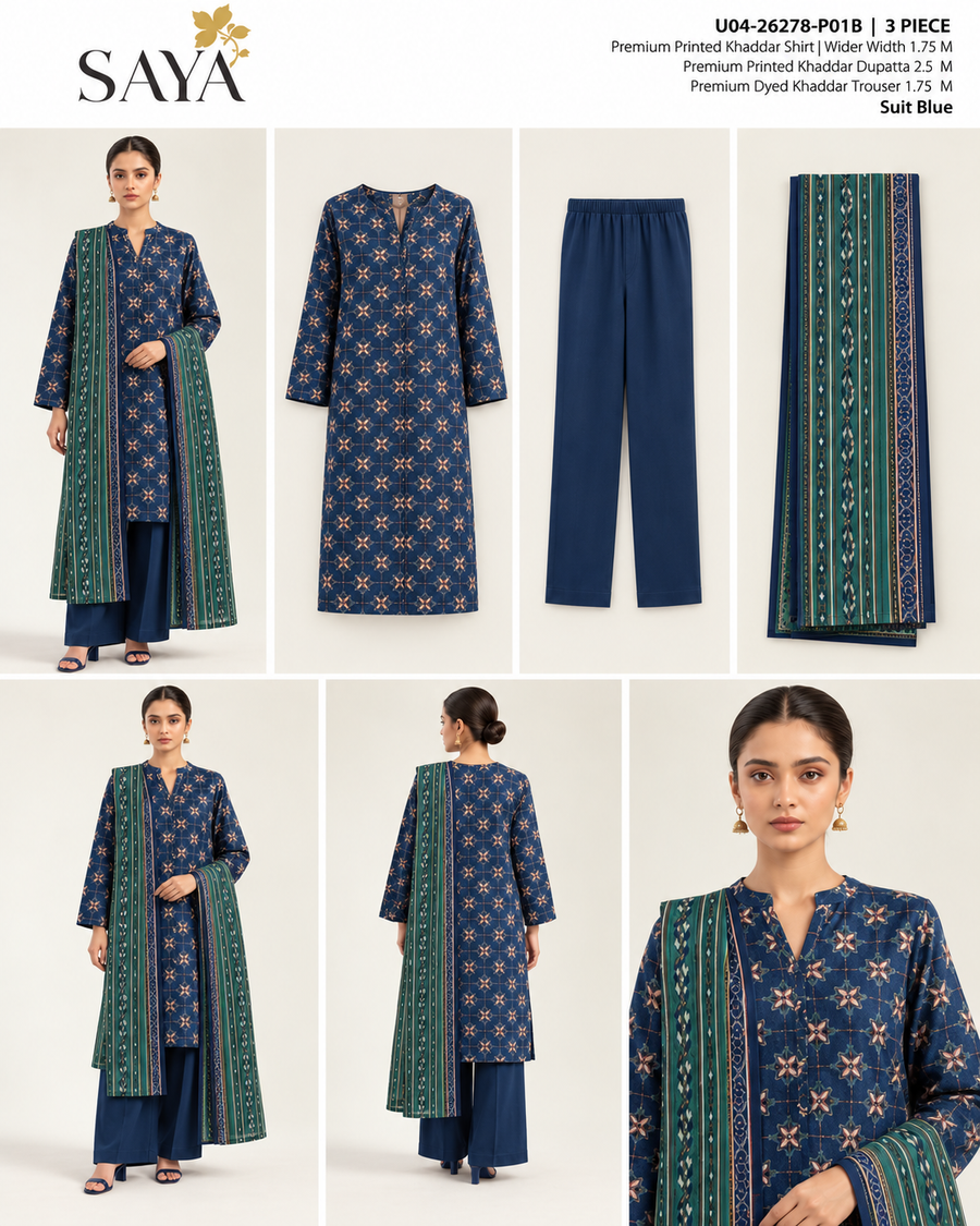 SAYA Blue Printed Khaddar 3-Piece Unstitched Suit | U04-26278-P01B - product lookbook