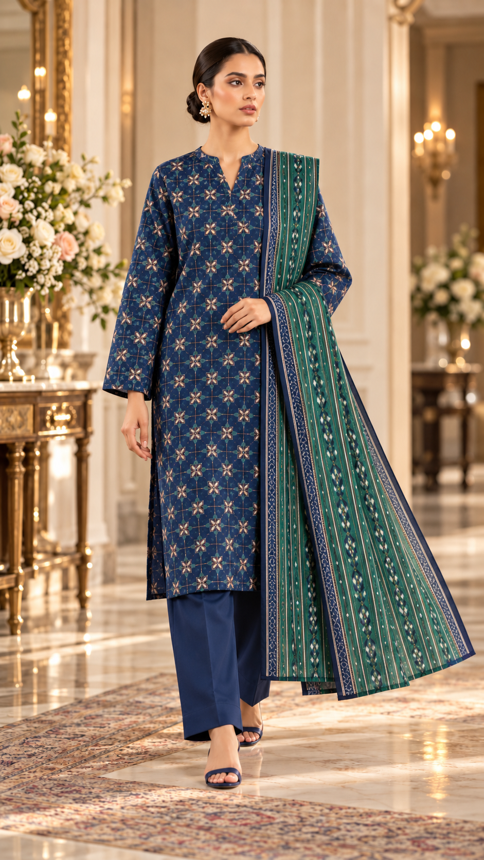 SAYA Blue Printed Khaddar 3-Piece Unstitched Suit | U04-26278-P01B - model view