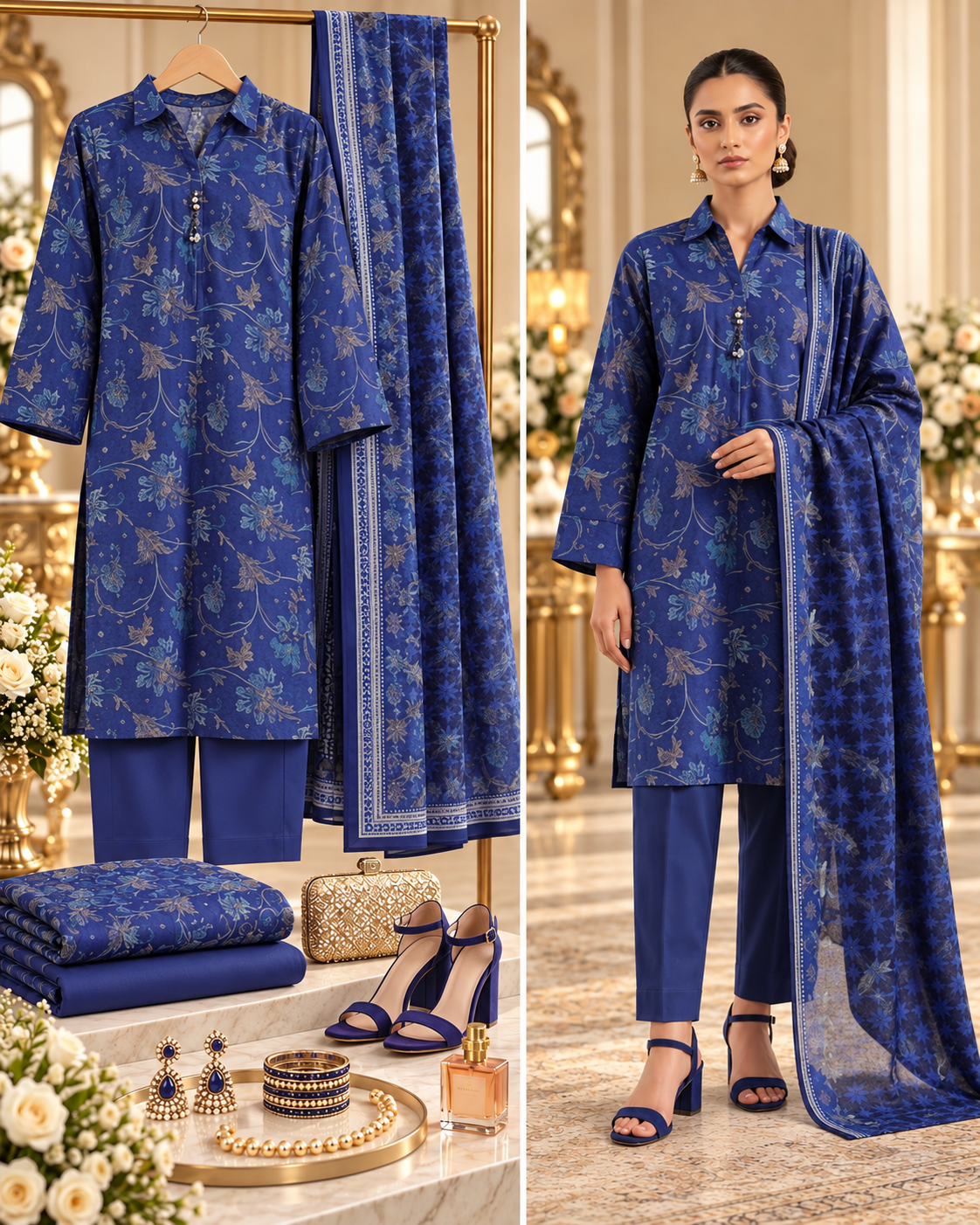 SAYA Dark Blue Printed Khaddar 3-Piece Unstitched Suit | U04-26278-P04A - styled showcase