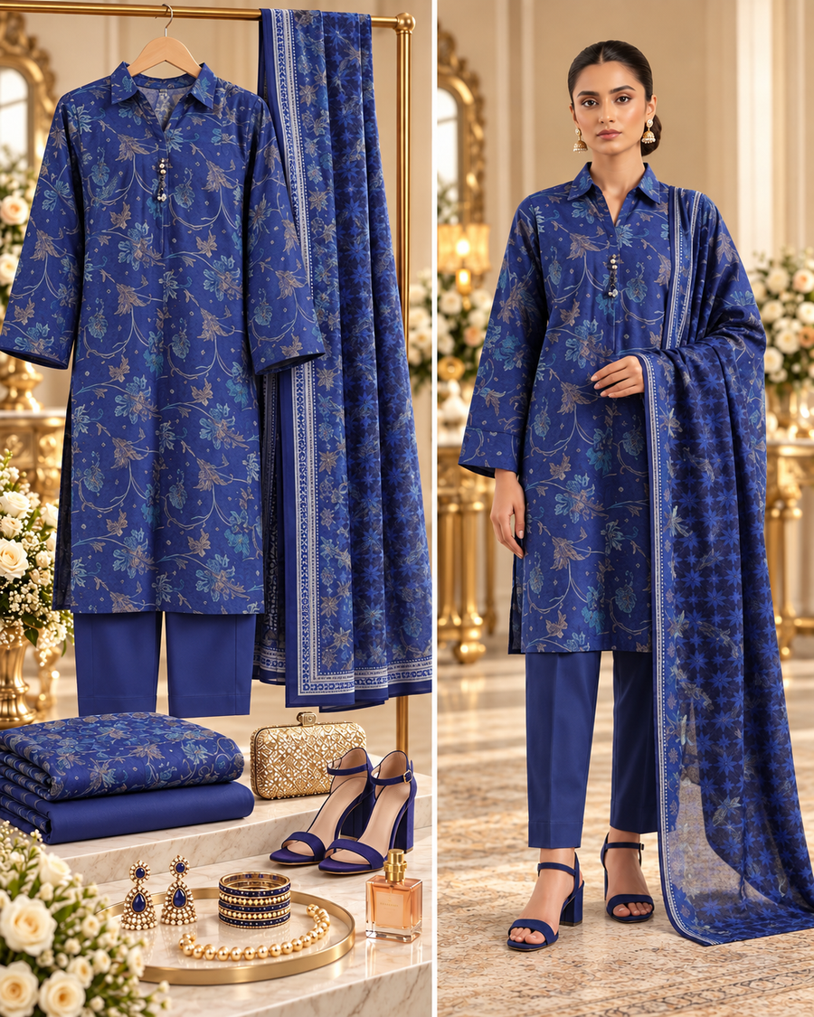 SAYA Dark Blue Printed Khaddar 3-Piece Unstitched Suit | U04-26278-P04A - styled showcase