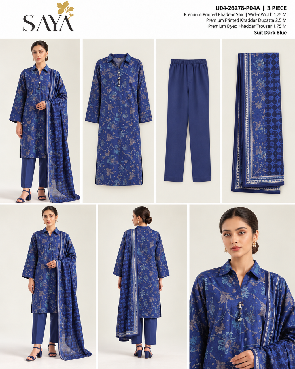 SAYA Dark Blue Printed Khaddar 3-Piece Unstitched Suit | U04-26278-P04A - product lookbook