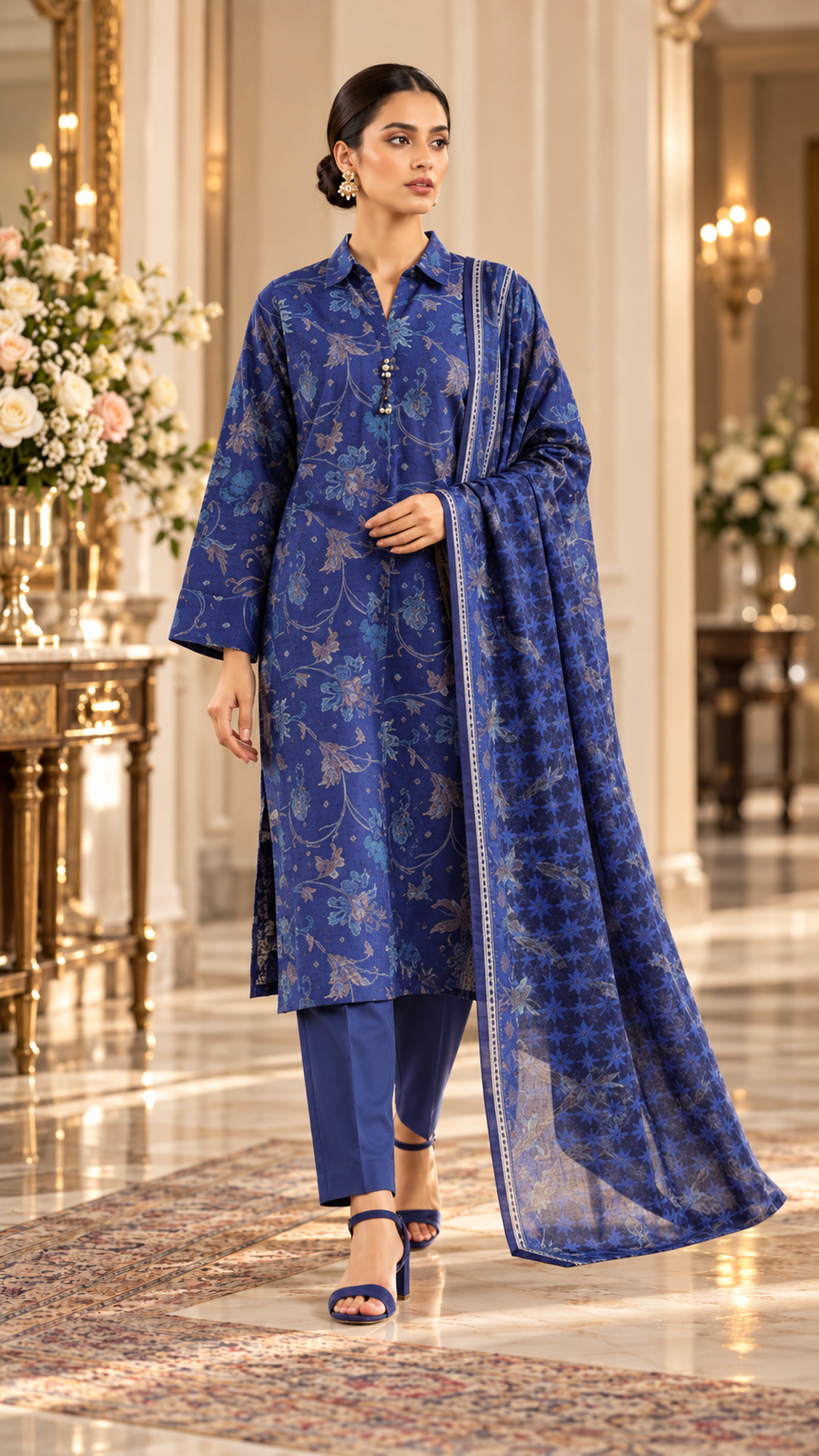 SAYA Dark Blue Printed Khaddar 3-Piece Unstitched Suit | U04-26278-P04A - model view