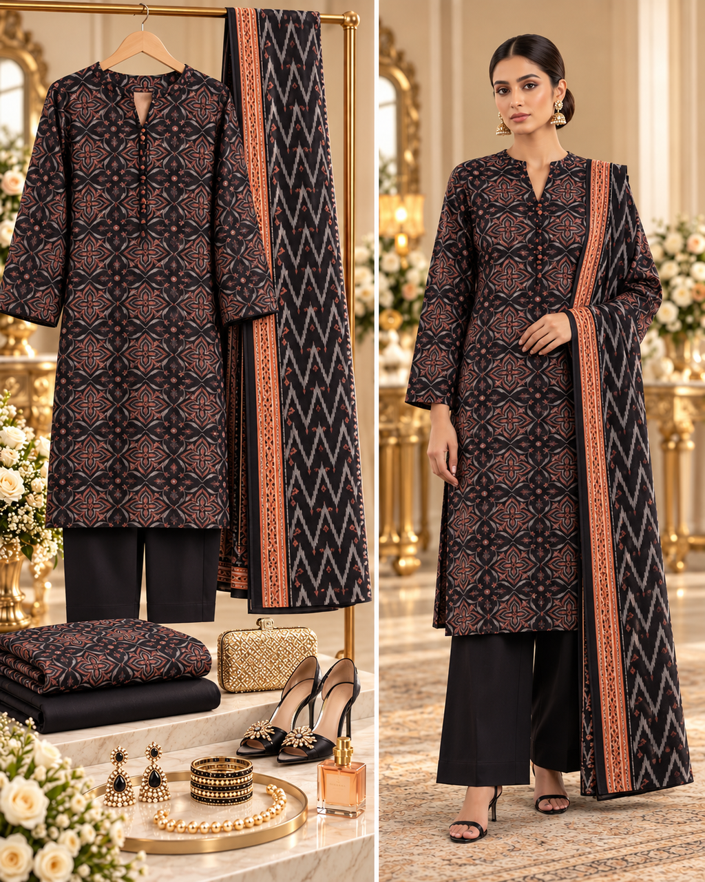SAYA Black Printed Khaddar 3-Piece Unstitched Suit | U04-26278-P05A - styled showcase